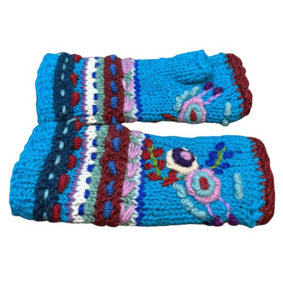 Handmade crochet hand knitted blue floral 100% wool fleece fingerless gloves - Picture 2 of 11